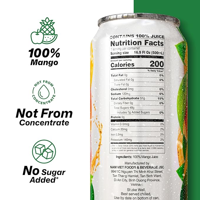 VINUT 100% Mango Juice, No Sugar Added, Never From Concentrate, 16.9 fl oz (500 mL) Can, Pack of 12