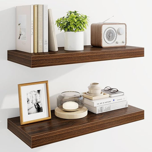 Marsmiles 24" Floating Shelves for Wall, Wooden Shelves with Invisible Brackets Set of 2, Rustic Farmhouse Wall Mounted Shelf for Kitchen Bathroom Living Room Study, Walnut