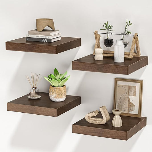 Square Floating Shelves for Wall, 10" W x 10" D x 1.4" H, Small Wooden Wall Mounted Display Shelves with Invisible Brackets for Living Room, Bedroom, Bathroom, Kitchen Decor, Set of 4, Walnut