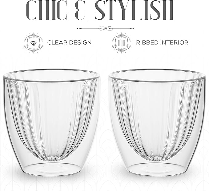 Elle Decor Ribbed Double Wall Coffee Cups, Set of 2 – 8 Oz Insulated Clear Glass Mugs for Espresso, Cappuccino, Latte & Tea, Heat Resistant Ribbed Design, Borosilicate Glass