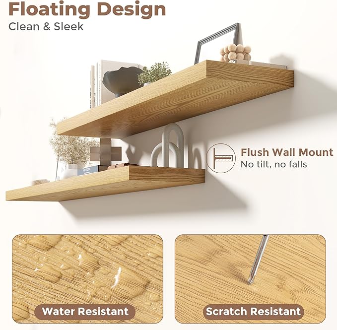 Floating Shelves for Wall with Invisible Brackets, Wall Mounted Engineered Wood Shelves with Wood Grain for Living Room, Bedroom, Bathroom, Kitchen Decor and Storage, Oak, 55"L Set of 2, Oak