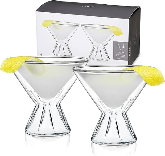 Viski Double Walled Cocktail Glasses - Insulated Martini Glasses with Cut Crystal Design - Dishwasher Safe Borosilicate Glass 8.5oz Set of 2