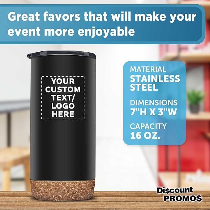 DISCOUNT PROMOS Custom Tumblers Cork Bottom 16 oz Set of 10/50/100 Personalized Bulk Pack Double Wall Insulated Matte Finish Iced Coffee Soda - Black