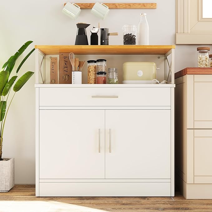 Vongrasig Coffee Bar Cabinet, Farmhouse Kitchen Storage Cabinet with Adjustable Shelf, 31“ Modern Sideboard Buffet Table for Kitchen, Dining Room, White