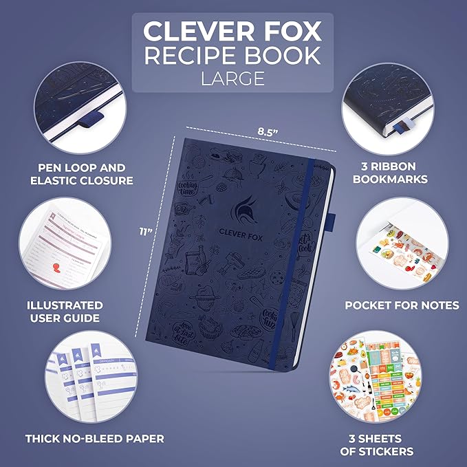 Clever Fox Recipe Book – Make Your Own Family Cookbook – Blank Recipe Notebook Organizer – Empty Cooking Journal to Write In Recipes – Large Size, 8.5”x11.2”, Hardcover, Dark Blue