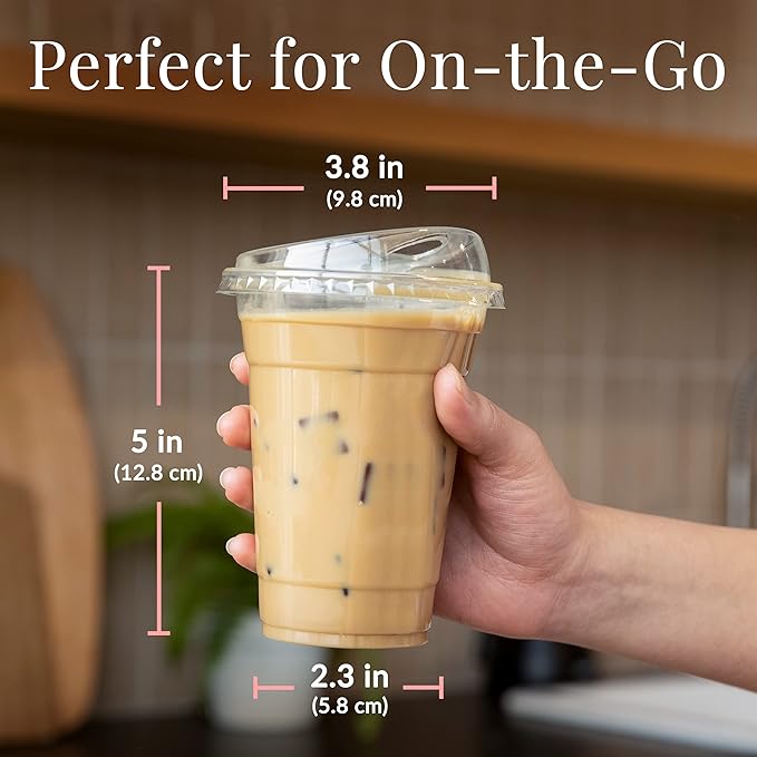 Prestee 100 Clear Disposable Iced Coffee Cups with Lids, 16oz - Plastic Cups with Strawless Sip Lids - Durable Cold Brew, Smoothie, or Beverage Cup for On-the-Go, Christmas and Holiday Party Supplies