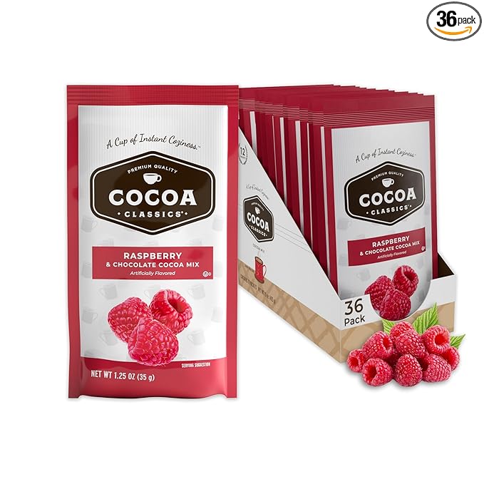 Cocoa Classics Raspberry Cocoa Mix, Hot Chocolate, Made with Nonfat Milk, Just Add Hot Water, Make Hot or Iced Cocoa, Gluten Free & Kosher Dairy Friendly, 1.25oz Packets (Pack of 36)