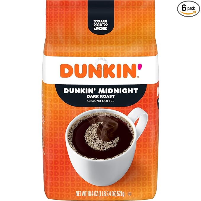 Dunkin’ Midnight Dark Roast Ground Coffee, 18.4 Ounce Bag (Pack of 6)