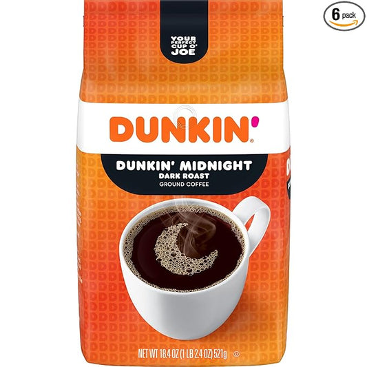 Dunkin’ Midnight Dark Roast Ground Coffee, 18.4 Ounce Bag (Pack of 6)