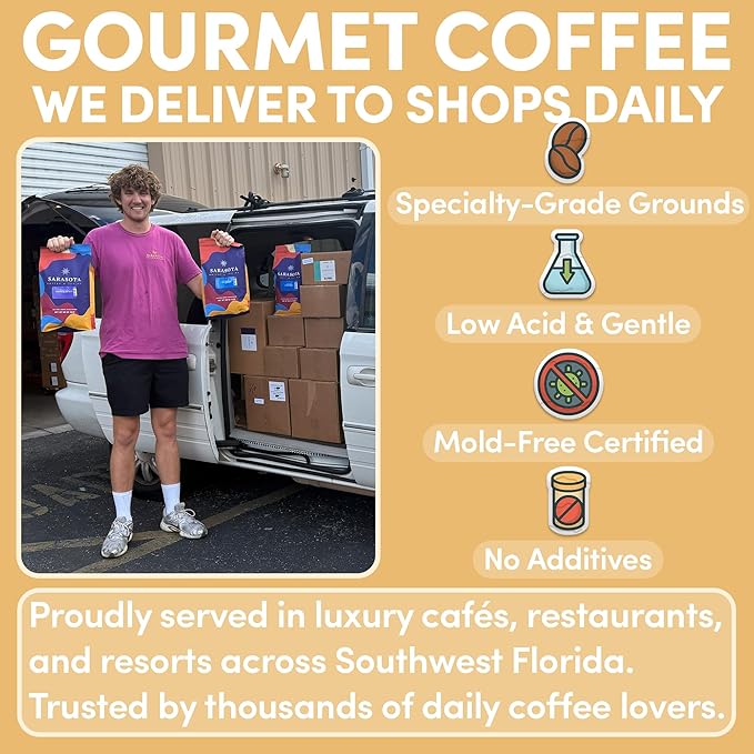 Sarasota Coffee Ground Creme Brulee | Medium Roast Gourmet Flavored Coffee Grounds | Low Acid, Mold Free, Specialty Grade Flavored Bulk Ground | 5lb (80 oz)