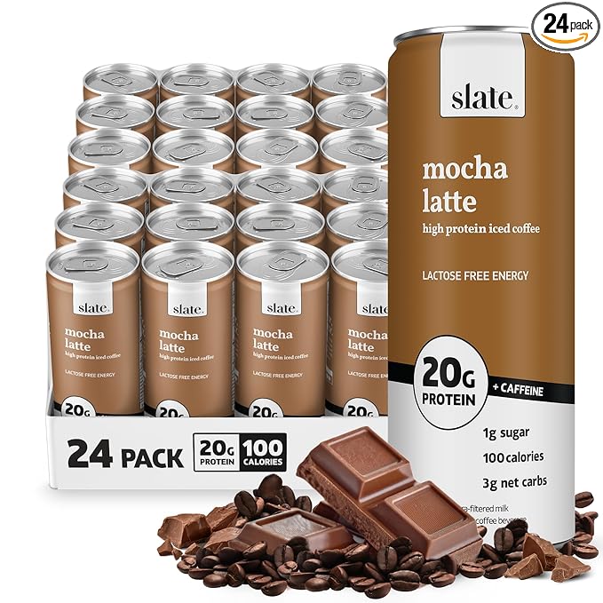 Slate Milk - High Protein Iced Coffee - Mocha Latte - 175mg Caffeine, Lactose Free Energy - 20g Protein, 1g Sugar, 100 Calories, 3g Net Carbs, No Sugar Added - Protein Coffee - 11 fl oz, 24 Cans