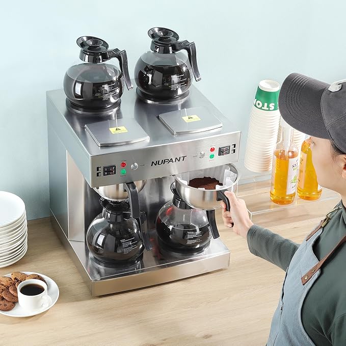 Dual Drip Commercial Coffee Maker with Water Line 200 Cup/H 7.2L Auto-Filling Drip Coffee Maker Machine with 4 Carafes & 4 Warmers Stainless Steel Pour over Double Coffee Brewer for Restaurant