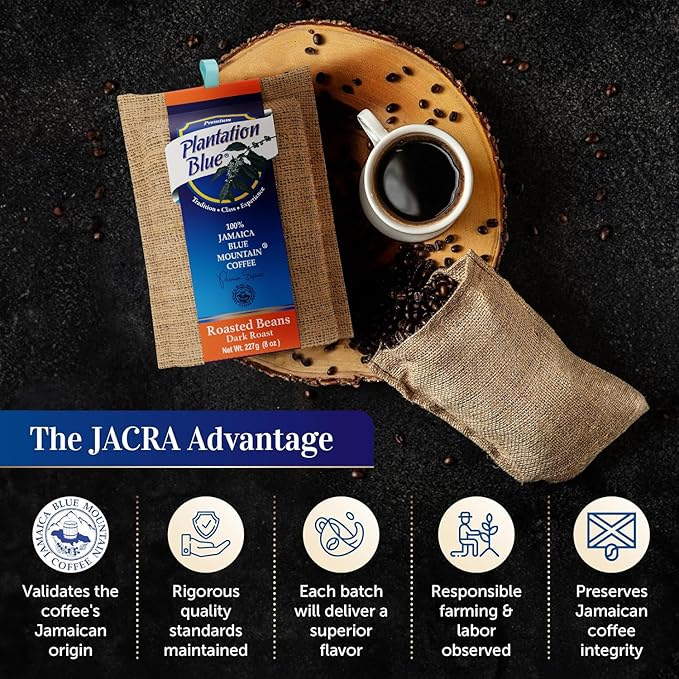 Plantation Blue 100% Blue Mountain Coffee, Dark Roast, Whole Bean, Premium Jamaican Coffee, 8oz