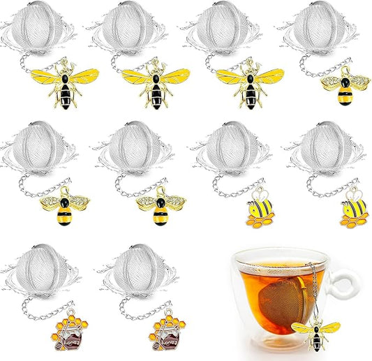10 Pcs Mesh Tea Infuser,Stainless Steel Tea Ball Filters with Honey Bee Pendant Handmade Tea Steeper Strainer Tea Diffuser with Bee Charms for Loose Leaf Tea