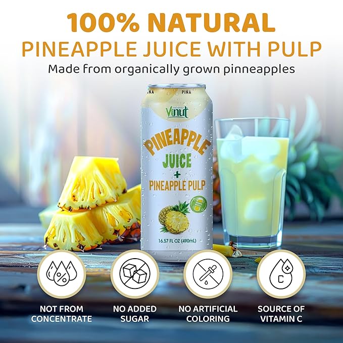 Vinut Natural Pineapple Juice Drink with Pulp, (16.57 fl oz, Pack of 24) - Real Pineapple Juice, No Sugar Added, Gluten Free, GMO-Free