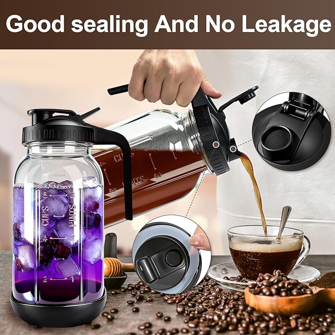 RuileMei Cold Brew Coffee Maker,2 Pcs 64 oz mason jar pour spout lid, coffee carafe,Refillable Stainless Steel Filter,Non-slip silicone sleeve for glass pitcher, Homemade Beverage