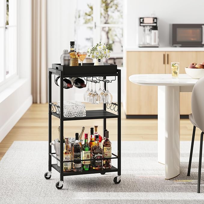 TUTOTAK Bar Cart with Removable Tray, Home Bar Serving Cart, Drink Cart, Mobile Kitchen Shelf with Wine Rack and Glass Holder, Rolling Beverage Cart for Living Room, Kitchen, Black BC01BK036