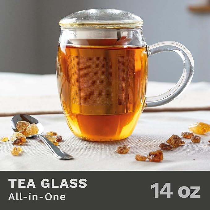 Creano Tea Glass with Stainless Steel Infuser & Glass Lid | 14oz Borosilicate Glass Mug