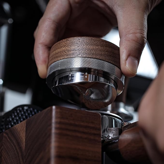 KNODOS 58.5mm Espresso Distributor Walnut Coffee Distribution Tool Adjustable Depth Stainless Steel Espresso Leveler Premium Espresso Machine Accessories For Coffee Bar