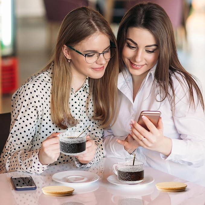 YORY 4-Pack Vintage Glass Mugs with Bamboo lids and Spoons Coffee Tea Cups Gifts for Women Overnight Oats Containers 14oz,