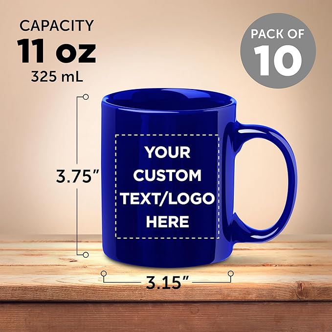 Custom Ceramic Coffee Mugs 11 oz. Set of 10, Personalized Bulk Pack - Coffee cup set, Iced coffee cup, Gaming mug - Royal Blue
