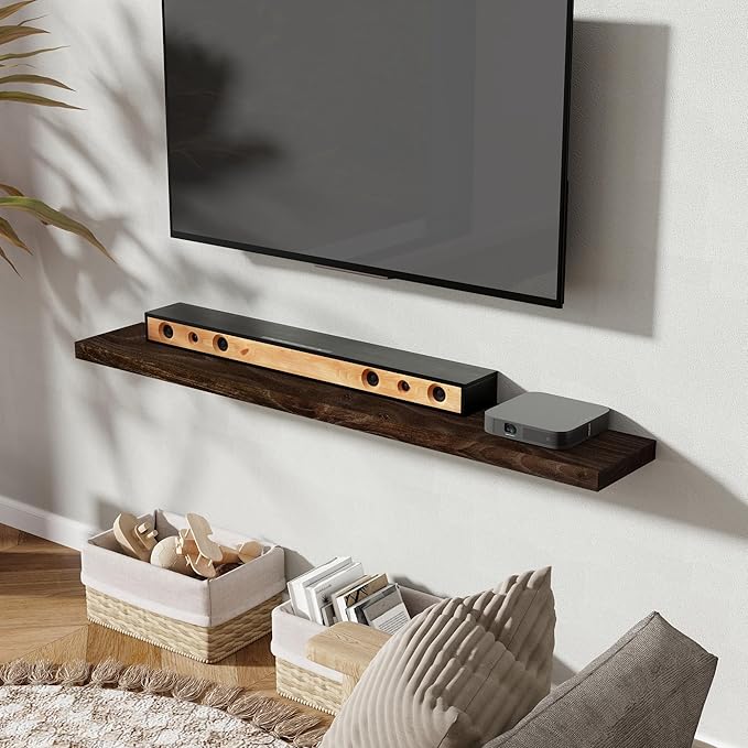 55 inch Floating Shelves for Wall, Rustic Solid Elm Wood Floating Shelf, Wall Mounted Long Wall Shelves for Bedroom, Kitchen, Living Room and Bathroom, Real Dark Wood Shelf for Home, Walnut
