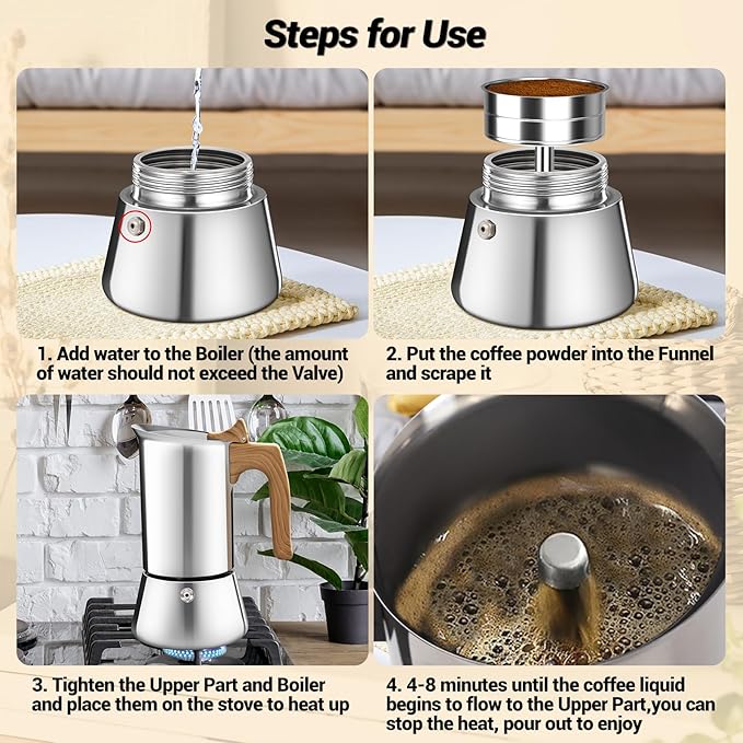 Vaolvpant No Coating 12 Cup Moka Pot Thickened 304 Stainless Steel Stovetop Espresso Coffee Maker 600ml 20oz Mocha Percolator Greca Cuban Ideal for Making Rich Authentic Italian Café