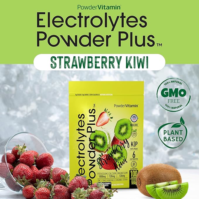 PowderVitamin Electrolytes Powder Plus (100 Servings) Strawberry Kiwi Electrolyte Powder Zero Calorie Keto,0 Sugar, No Maltodextrin,1000mg Potassium,120mg Calcium,120mg Magnesium, Hydration Powder