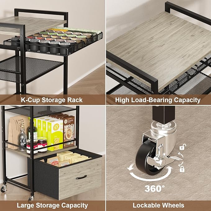 Coffee Bar Cabinet with Storage，5 Tier Coffee Station Table on Wheels, 33.6" H Cart with Drawer for Home Kitchen, Liquor Buffet Sideboard Cabinet (Black)