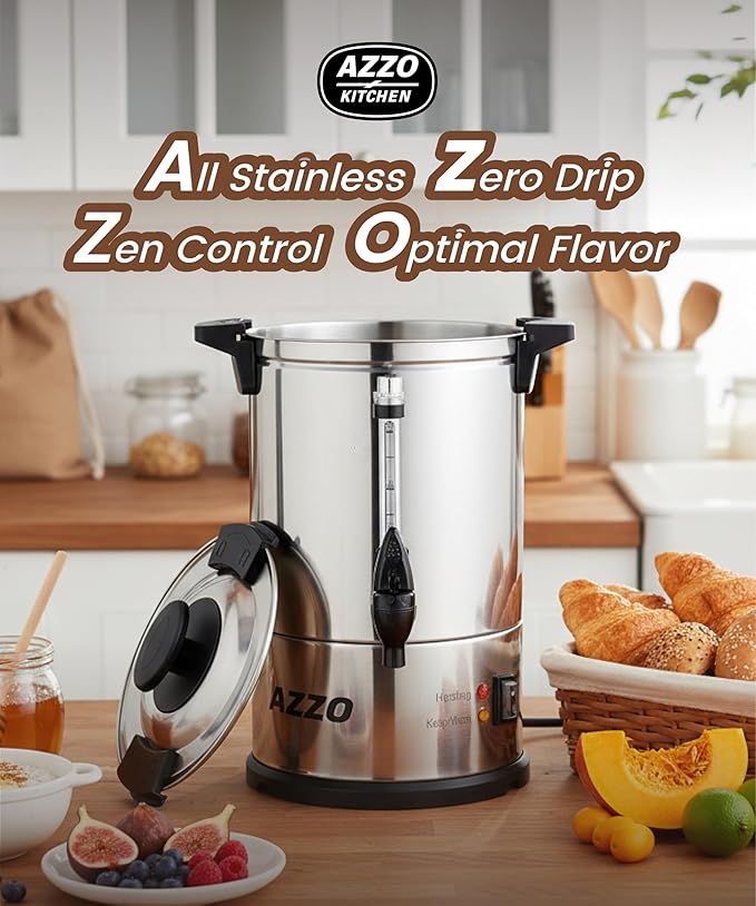 AZZO KITCHEN Commercial Coffee Maker 40-Cup Large Coffee Urn with Percolator Coffee Pot Electric 6L Stainless Steel Fast Brew Hot Water Dispenser for Tea Catering Events Home Office Easy Cleaning