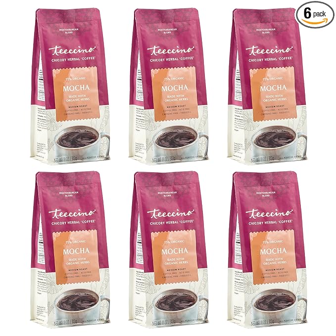 Teeccino Mocha Chicory Coffee Alternative - 11 Ounce - Ground Herbal Coffee That’s Prebiotic, Caffeine-Free & Acid Free, Medium Roast, (Pack of 6)
