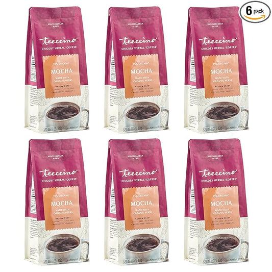 Teeccino Mocha Chicory Coffee Alternative - 11 Ounce - Ground Herbal Coffee That’s Prebiotic, Caffeine-Free & Acid Free, Medium Roast, (Pack of 6)
