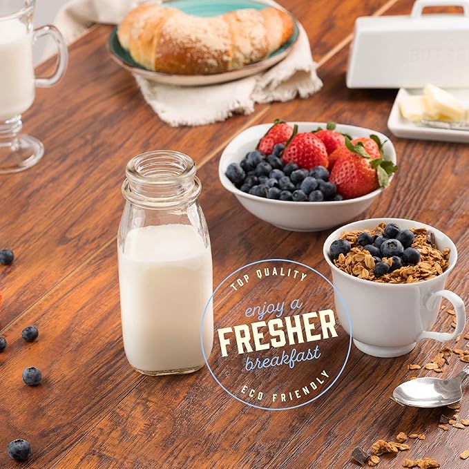 kitchentoolz Glass Creamer Bottle 12 Oz Square Glass Milk Bottle with Lids- Glass Bottles with Lids - Milk Container for Refrigerator - 12 Ounce Milk Bottle with Lid and Pour Spout