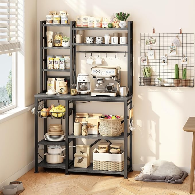 SNTD Baker Rack with Power Outlet - Microwave Stand with Storage, Large Coffee Bar Station with 14 Hooks, Metal Kitchen Shelf Rack for Spices, Pots (Rustic Grey)