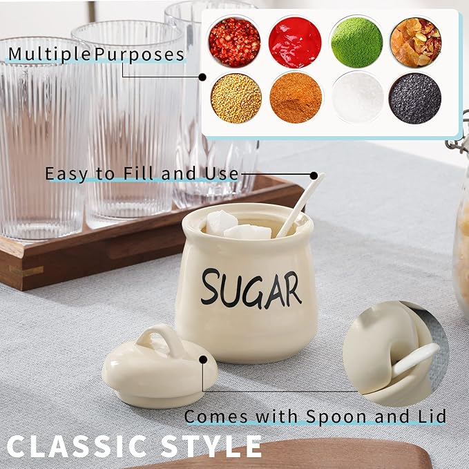HAOTOP Porcelain Sugar Bowl with Lid and Spoon 12oz (Beige)