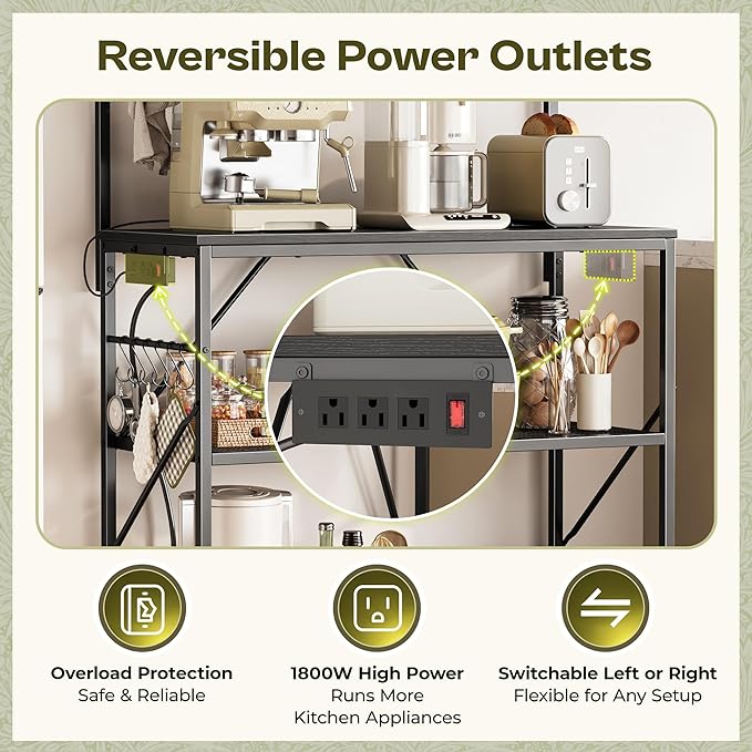 Huuger 4-Tier Bakers Rack with Reversible Power Outlet, 31.5 Inch Microwave Stand, Kitchen Coffee Bar, with Top Shelf, 6 S Hooks, Black