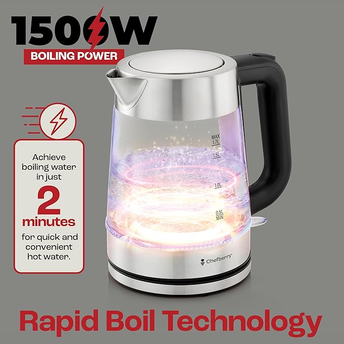 Electric Kettle for Boiling Hot Tea & Water | 1.7L Stainless Steel Borosilicate Glass Boiler With No Plastic, Automatic Shutoff, BPA Free, Fast Heating Technology (Black)