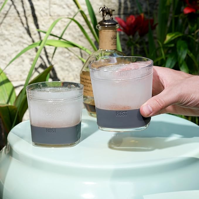 Host Whiskey Freeze Glasses, Double Old Fashioned Glasses, Chill Without Dilution for Brandy, Vodka, Gin, Rum, and Cold Brew Cocktails, Bourbon Gifts for Men, Home Bar, 9 oz, Set of 2, Grey