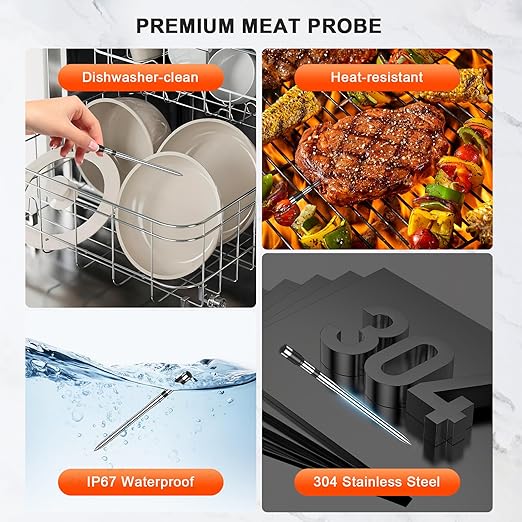 Wireless Smart Meat Thermometer with 4 Probes & APP Alerts, 800ft Bluetooth Grill Thermometer, 0.19In Ultra Thin Probes, ±0.5℉ Accuracy, Big Digital Backlit Screen, for Kitchen BBQ, Oven, Smoker