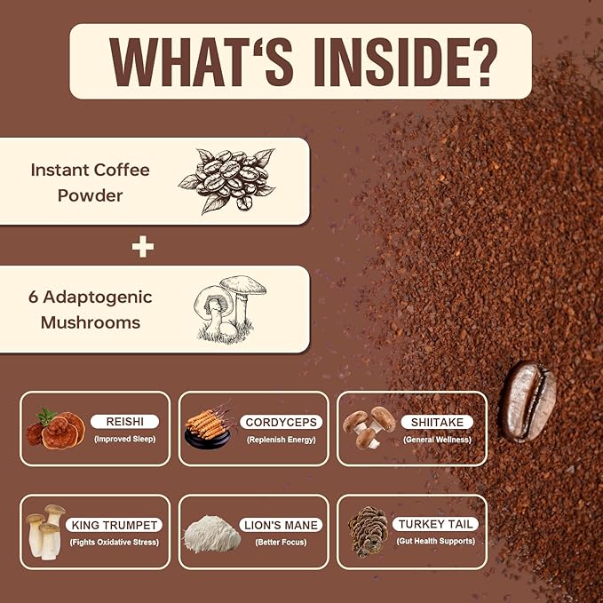 Mushroom Coffee, Instant Mushroom Coffee Powder with 6 Adaptogenic Mushrooms (Cordyceps, Lion’s Mane, Shiitake, Turkey Tail) and MCT Oil for Better Energy, Focus, Immune Support - 30 Servings