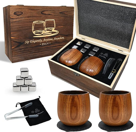 Charred Wooden Bourbon Drinking Glass 300 ML Set with Whiskey Stones, Gift Box, Tongs & Coasters – Unbreakable Oak Whiskey Cups for Bourbon Lovers, Ideal Gift for Dad, Men, Husband