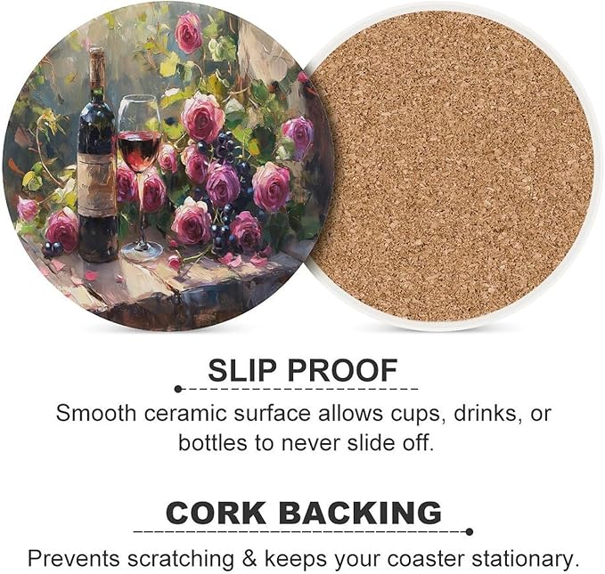 Round-6PCS Red Wine Drink Coasters, Round Modern Ceramic Absorbent Coasters, Oil Painting Vintage Red Wine Flower Grapes Rose Floral Decor Desk Coffee Table Coaster for Beverage Cup Tea Coasters