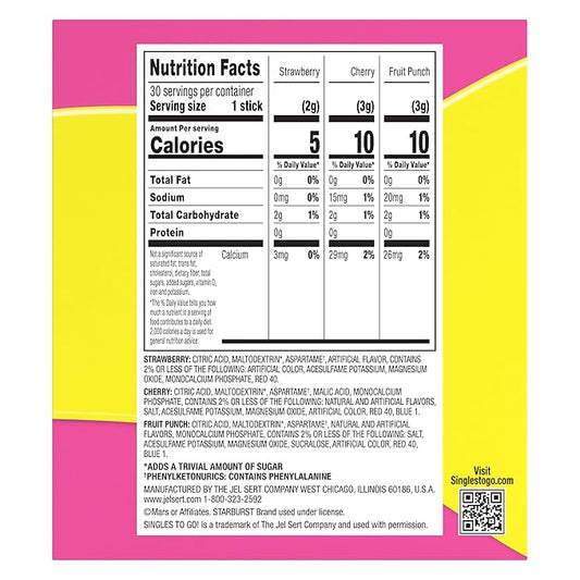 SINGLES TO GO! Starburst Variety Pack, Watertok Powdered Drink Mix, Includes 3 Flavors, Strawberry, Cherry And Fruit Punch 1 Box (30 Servings)