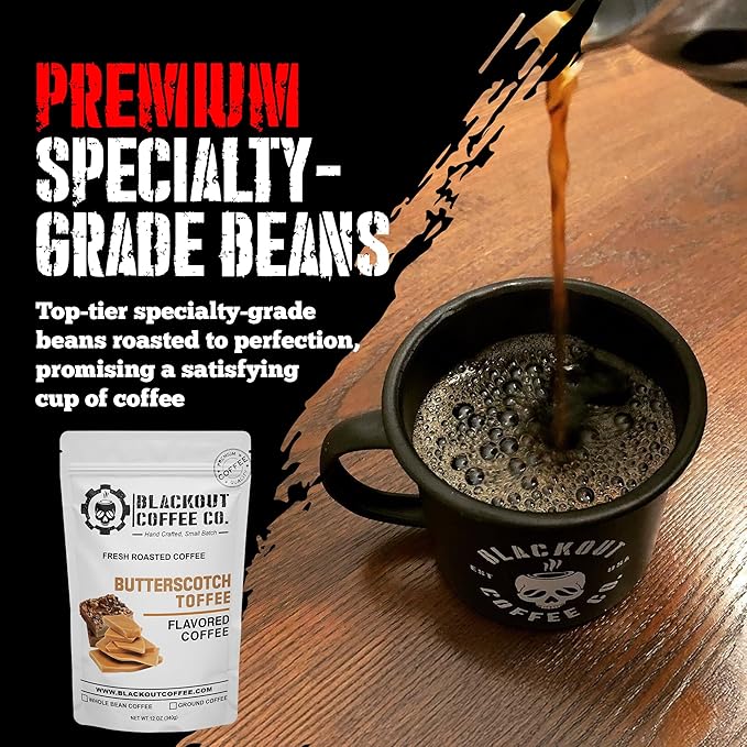 Blackout Coffee Butterscotch Toffee Flavored Ground Coffee – Medium Roast, Smooth Taste, Guilt-Free Indulgence – Freshly Roasted 12oz Pouch.