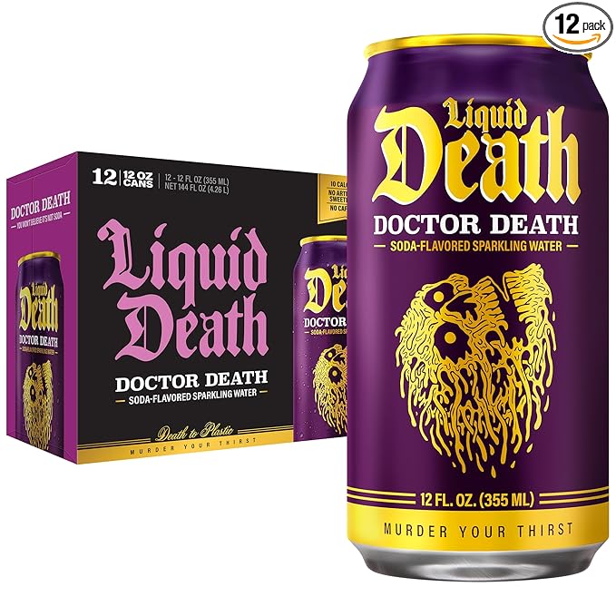 Liquid Death Soda-Flavored Sparkling Water - Doctor Death (Cherry, Cream, Spice), Less Sugar*, Huge Flavor, No Caffeine, No Artificial Sweeteners, 12 Fl Oz (Pack of 12)