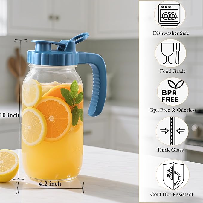 64 Oz Glass Pitcher With Lid 2 Set Half Gallon Wide Mouth Mason Jar Cold Hot Water Pitcher 2 Quart Sun Tea Glass Jar For Outside For Fridge Lemonade, Beverage,Milk,Juice, Cold Brew Iced Tea Container