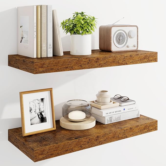 Marsmiles 24" Floating Shelves for Wall, Wooden Shelves with Invisible Brackets Set of 2, Rustic Farmhouse Wall Mounted Shelf for Kitchen Bathroom Living Room Study, Rustic Brown