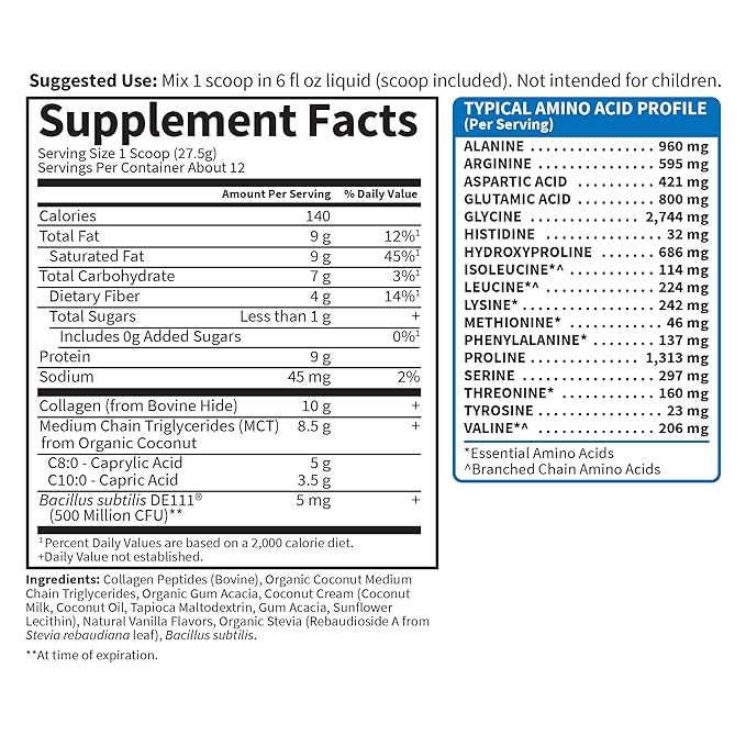 Garden of Life Grass Fed Collagen Creamer Powder - Creamy Vanilla, 12 Servings, Powder for Coffee Energy Beauty Joints, Collagen Peptides with Coconut MCTs, Keto Protein Supplements