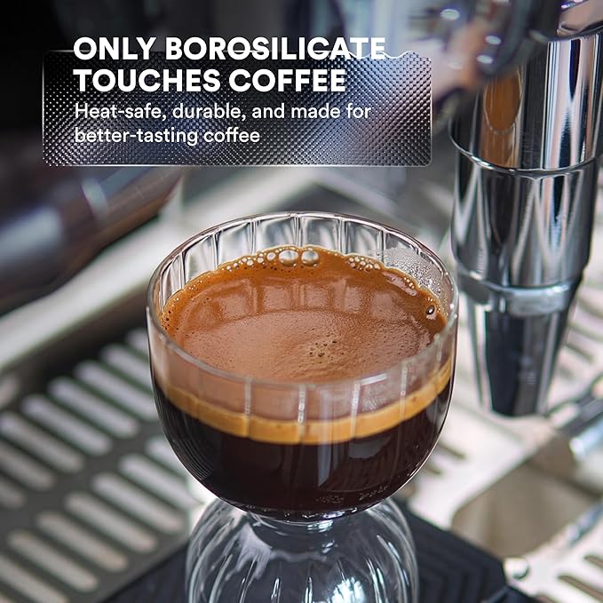ovalware Espresso Shot Glass Set of 2 | 30ml/1oz and 60ml/2oz Dual-Dose Stackable Borosilicate Cups | Cool-Touch Thermal Base | Oval Measurement Dots for Consistent Espresso Shots