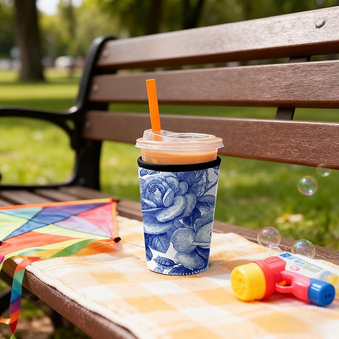 Blue Rose Floral Iced Coffee Sleeve Set chinoiserie blue blue floral coffee sleeve Set of 3 Fits 16oz 24oz 30oz Cups Vintage Botanical Pattern Insulated Coffee Sleeve for Women & Gifts